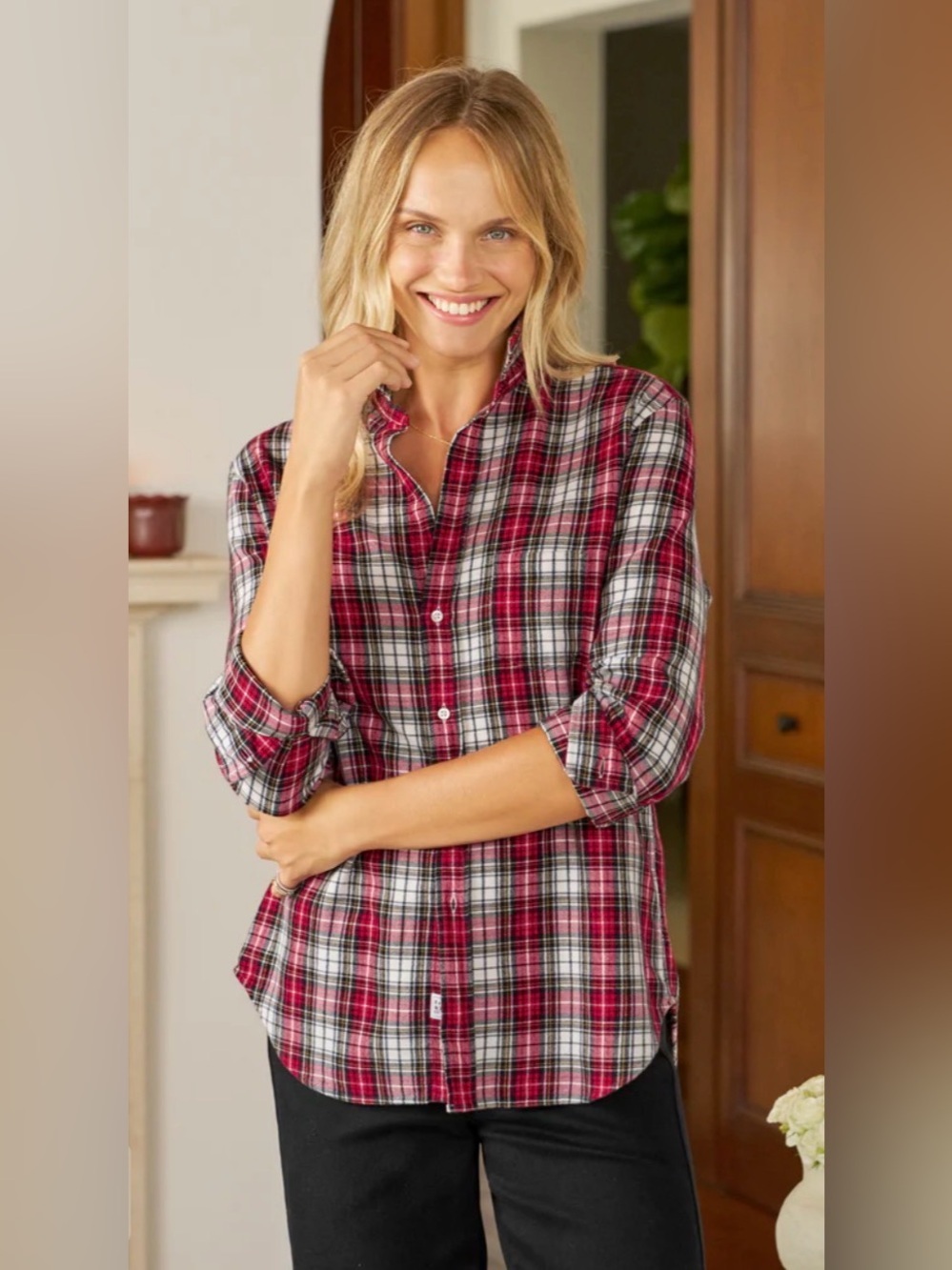 Frank and Eileen Mid Weight Italian Flannel Button Down XXS Red White Black